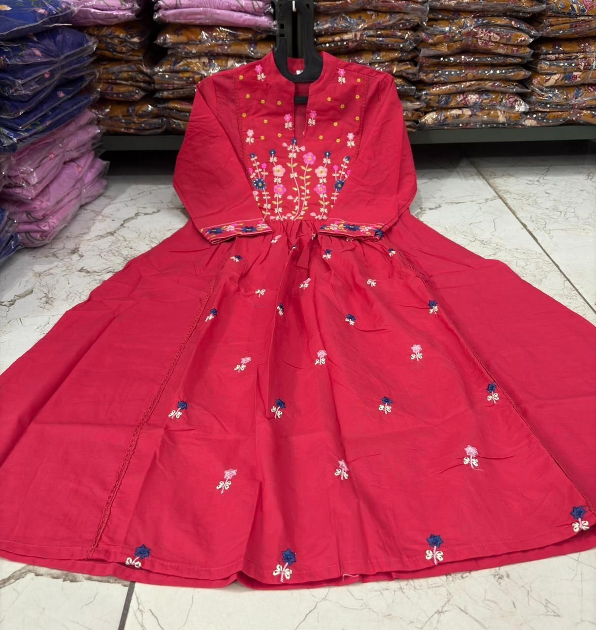 Pink Cotton Embroidered Kurti Set with Pant & Dupatta